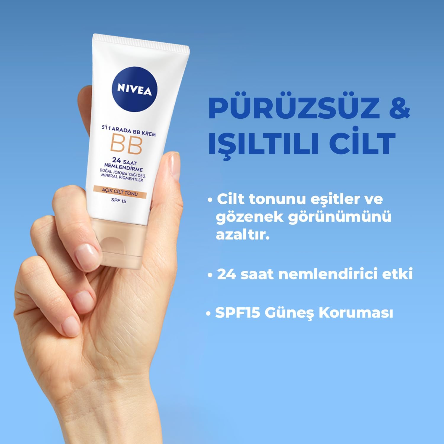 Essentials 5'i 1 Arada BB Krem, 24 Saat Nemlendirme+Doğal Jojoba Yağı Özü +Açık Cilt Tonu 50 ml, SPF 15 Güneş Koruması