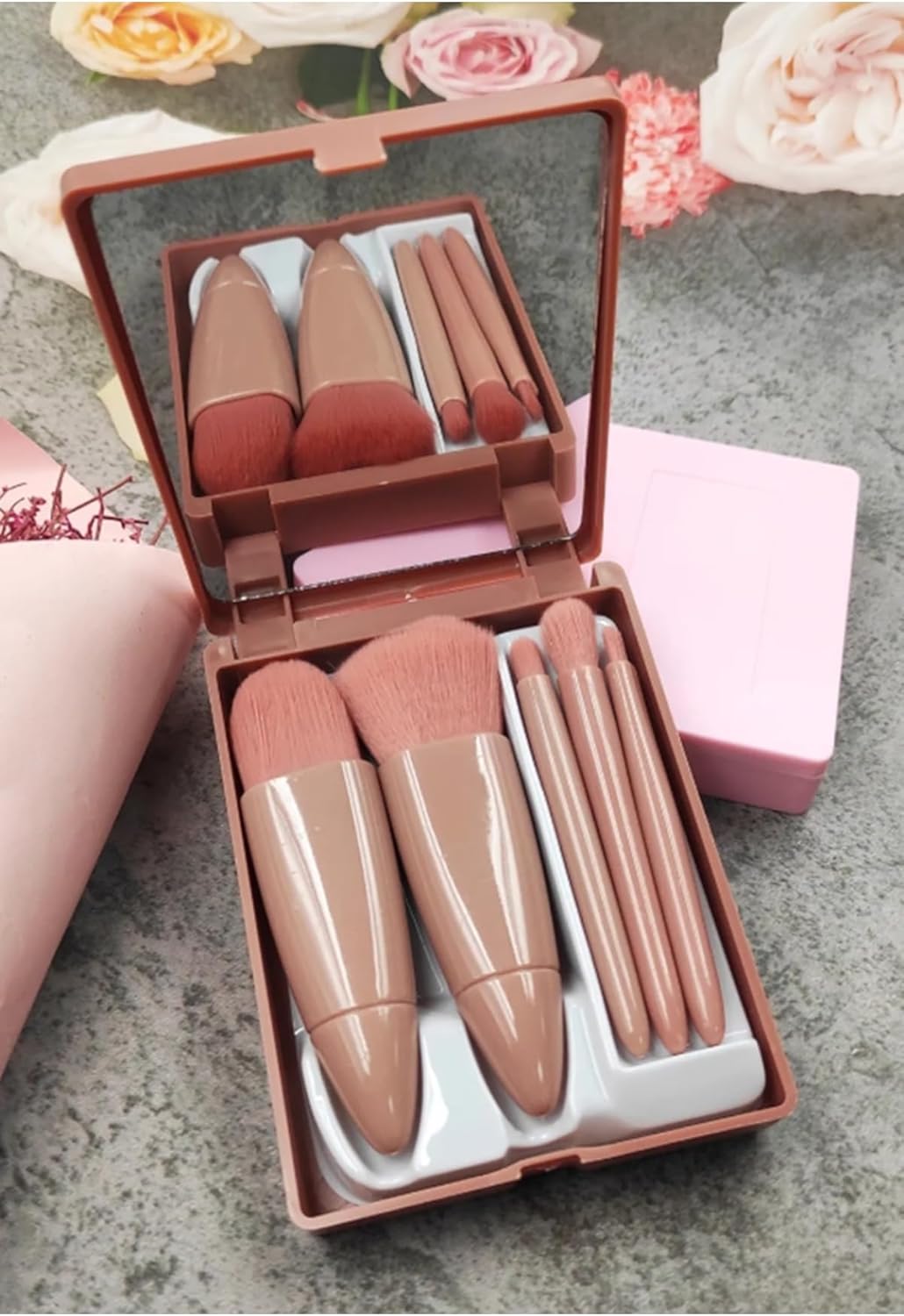 C005 Taşınabilir 5 Parçalı Aynalı Profesyonel Makyaj Fırça Seti - Taşınabilir Mini 10.5Cm Bakır Renk