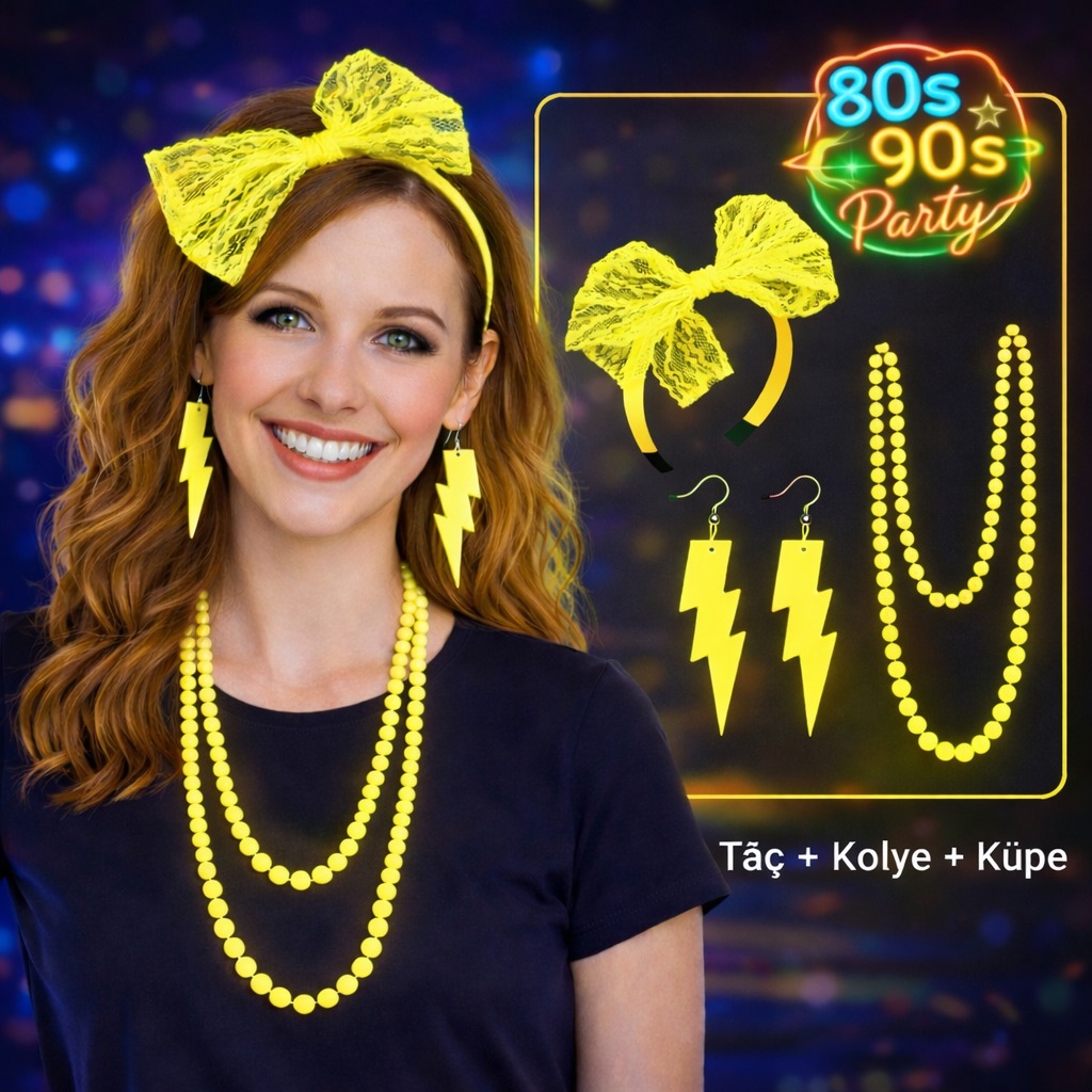 80’ler 90’lar Neon Sarı Parti Seti – Kolye Küpe Taç