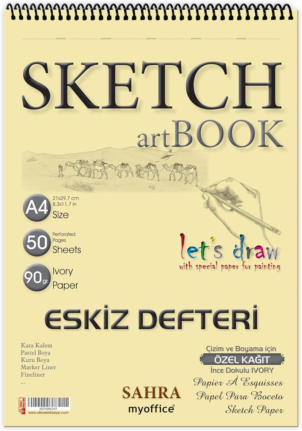 SAHRA A4 Spiralli Eskiz Defteri – 50 Yaprak, 90 gr İnce Dokulu Ivory Kağıt Sketchbook, Çizim ve Boyama Defteri