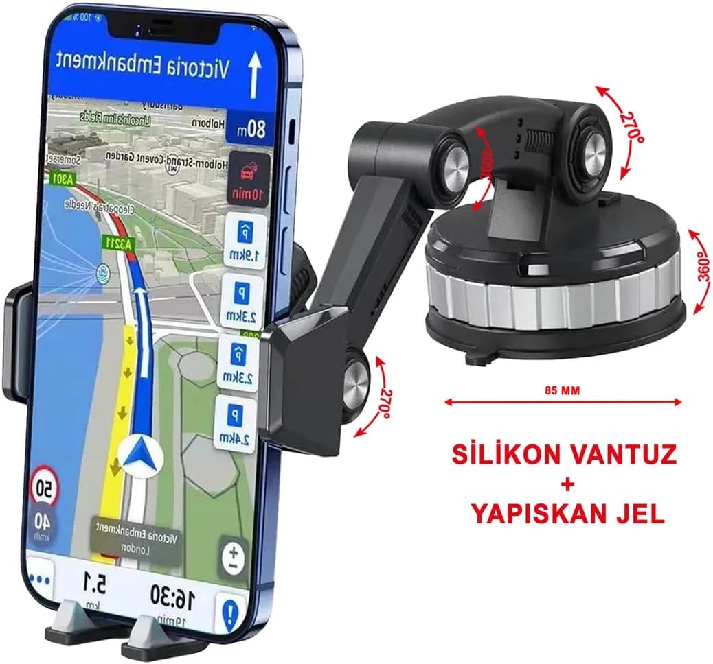 Robot Kollu Çok Eklemli Araç İçi Telefon Tutucu Süper Güçlü Vakumlu Otomatik Kilitli MT6078 Siyah ile uyumlu