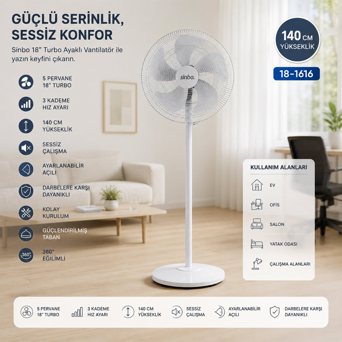 Beyaz 5 Pervane - 18 Inc Ev - Ofis Kompakt - Sessiz - Üç Kademe 140CM Yükseklik Ayaklı Vantilatör SF-6798