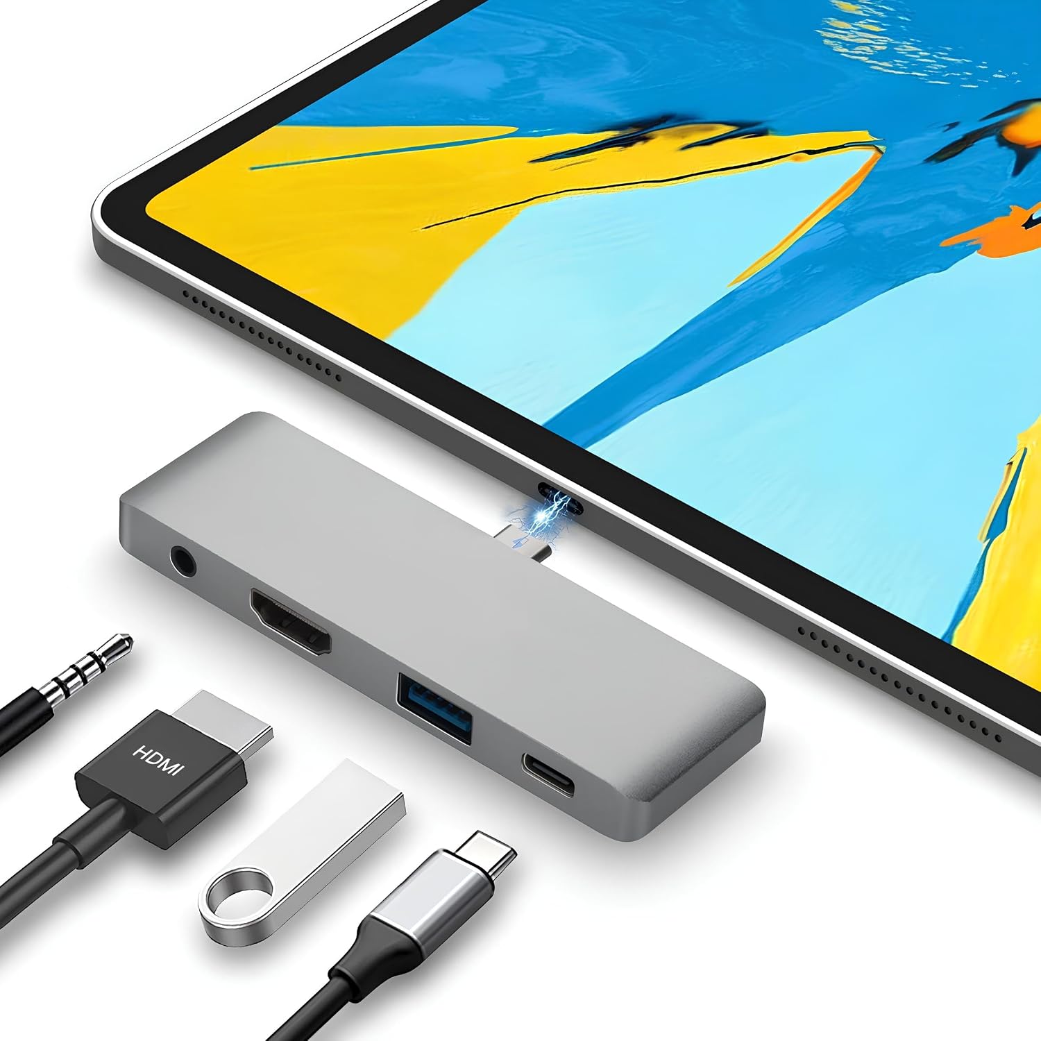 Type C Hub (4 Port), 85W PD Type-C Port 4K 30HZ veya 1080P 60HZ HDMI, 1 Adet USB 3.0 Port Şarj ve Veri Transfer, 3.5mm Jak Kulaklık Ses Grişi, MacBook Pro/Air/iPad/iPhone vb. Uyumlu