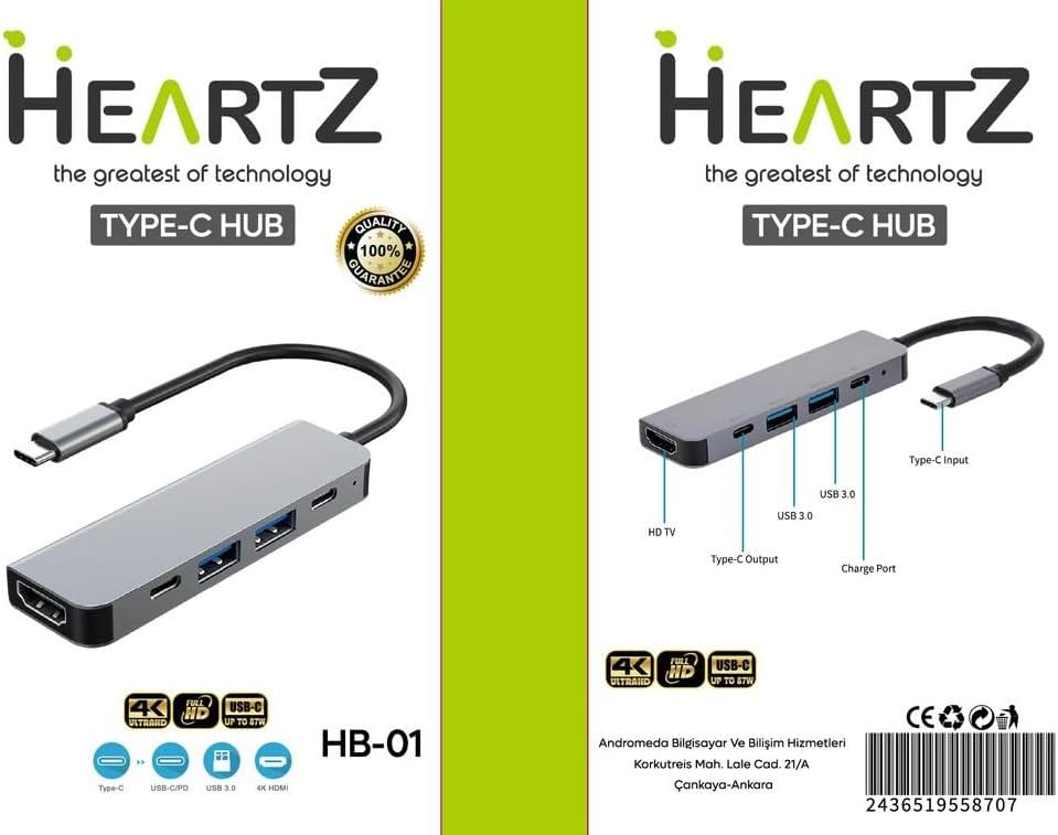 HB-01 TYPE C HUB HDMI USB PD METAL A KALİTE 4K HD PD 100W HUB
