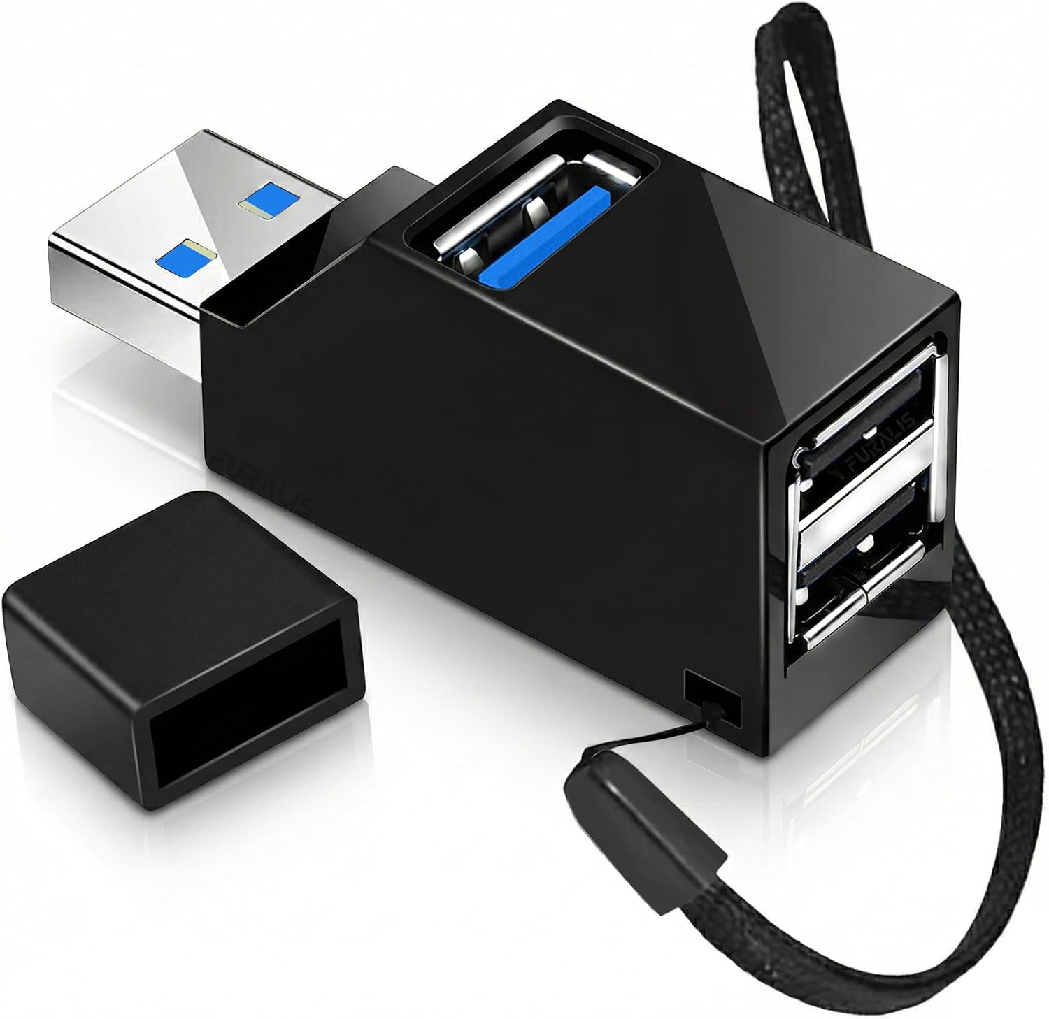 USB Çoklayıcı Hub 3 Port Switch - 1x USB 3.0 + 2x USB 2.0 - Laptop, PC için USB Çoğaltıcı Adaptör - Kolay Taşınabilir Bileklik İpli Splitter - Siyah