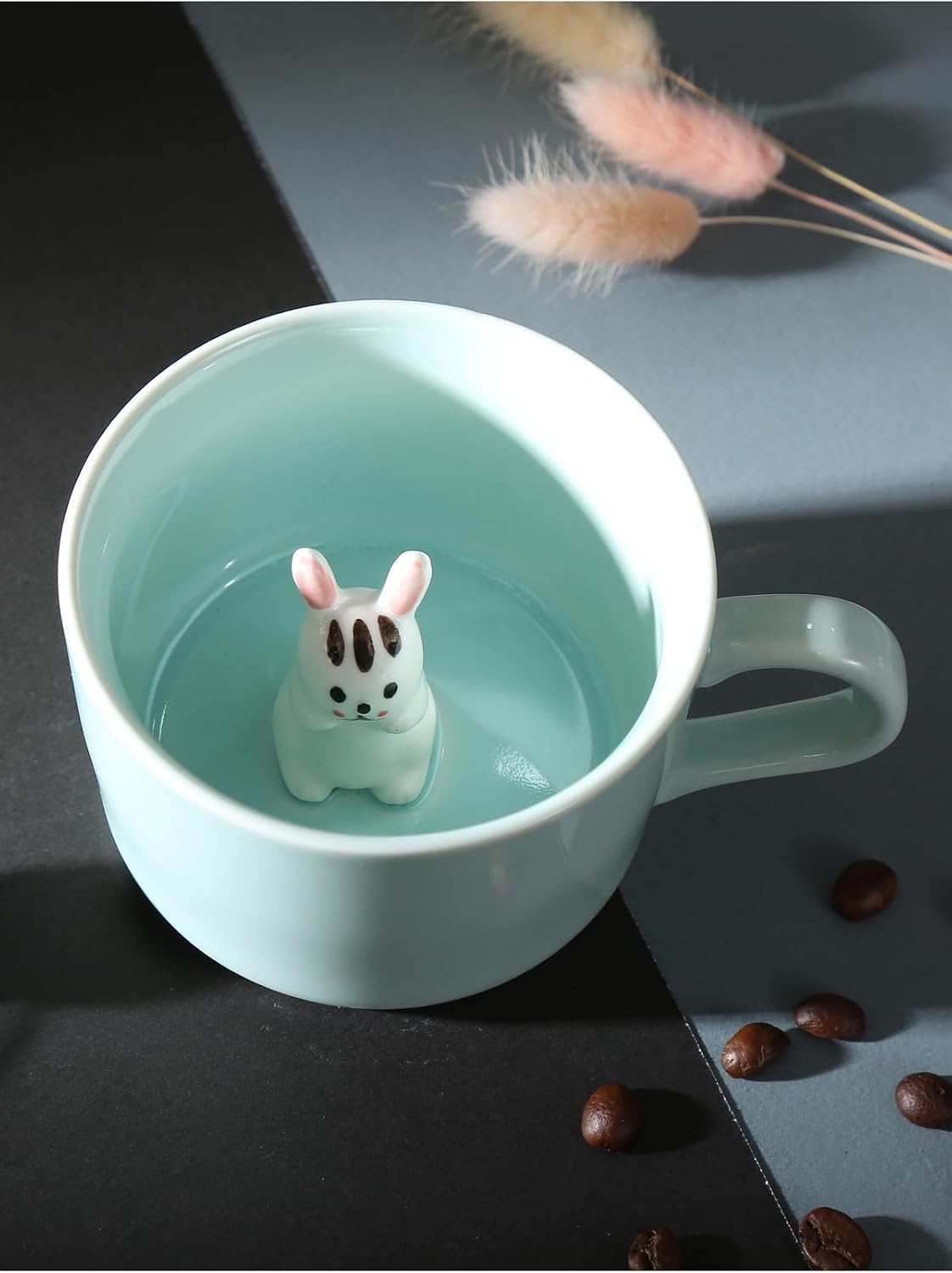 Mukko Home 3D Sevimli Panda Figürlü Porselen Kupa 230 Ml Mint Renk Kahve Çay Kupası,Turkuaz & Tavşan