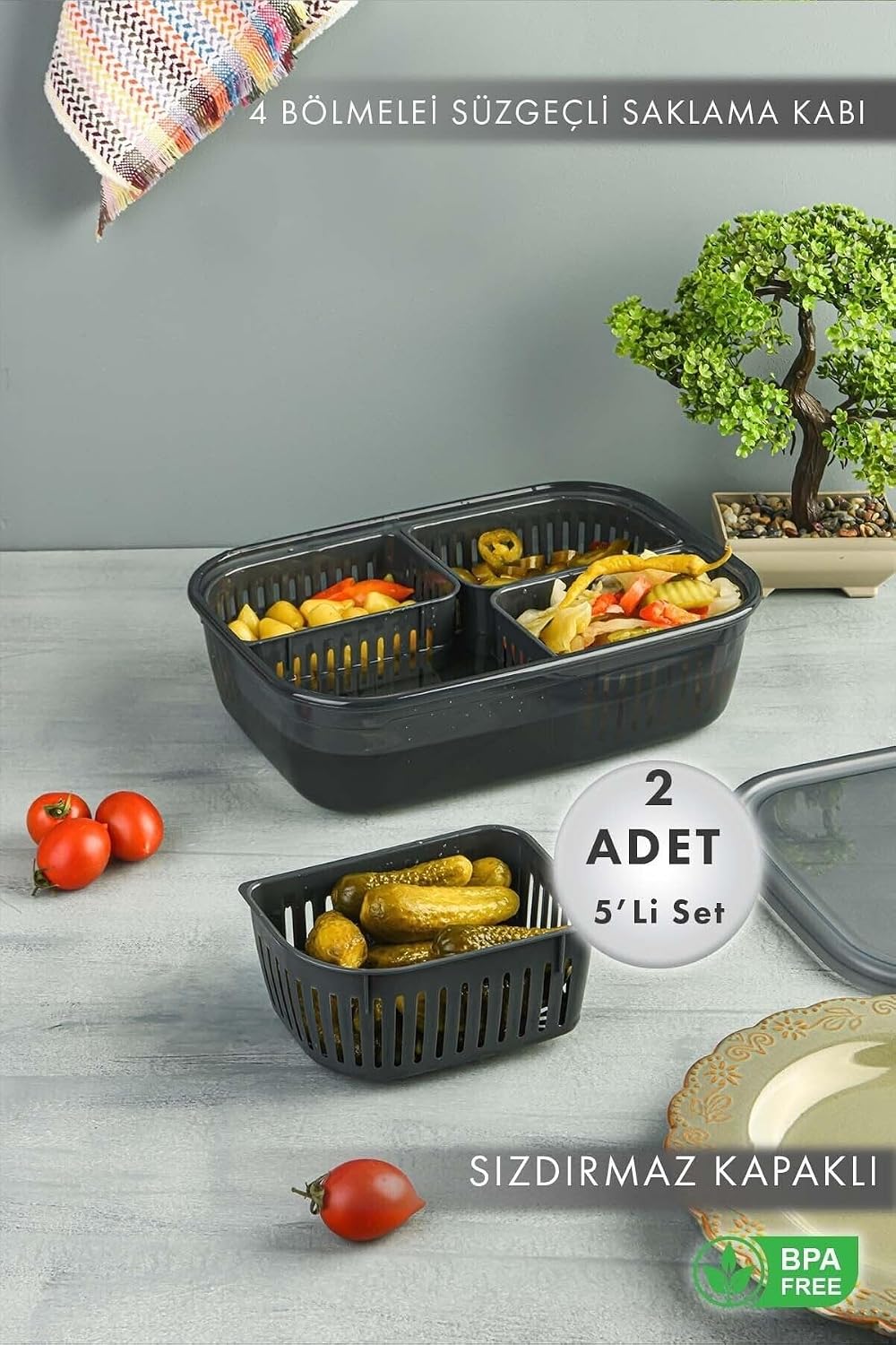 2 Adet 4 Bölmeli Süzgeçli Sızdırmaz Saklama Kabı- Zeytinlik Turşuluk Organizer 3,2 Litre