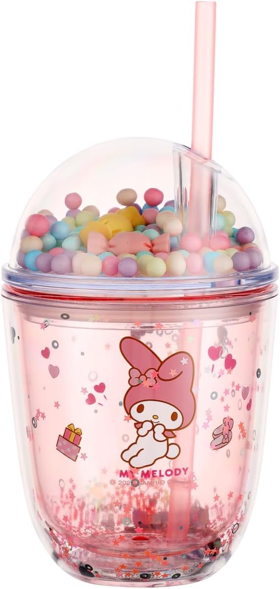 Sanrio Lisanslı Boncuklu Kapaklı Pipetli Plastik Şişe (435ml) - Pembe