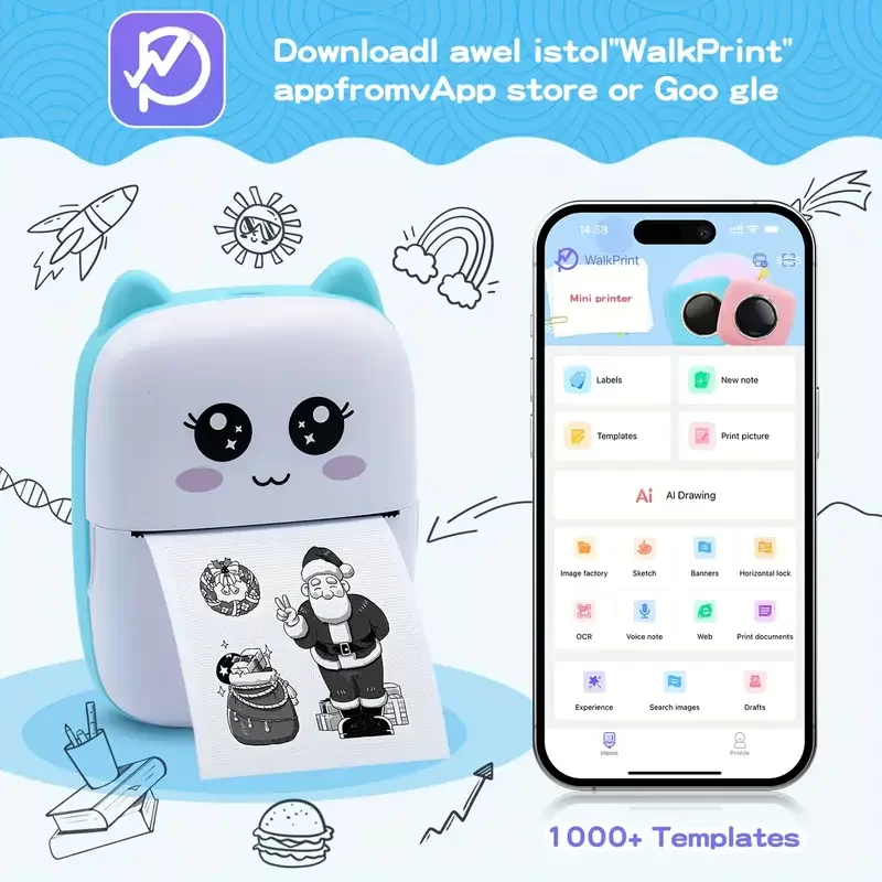 Taşınabilir Yazıcı, Mini Cep Kablosuz Termal Yazıcı Android iOS Akıllı Telefonlar için Uygun, BT Mürekkepsiz Baskı, Etiketler, Fişler, Fotoğraflar, Notlar, Öğrenme
