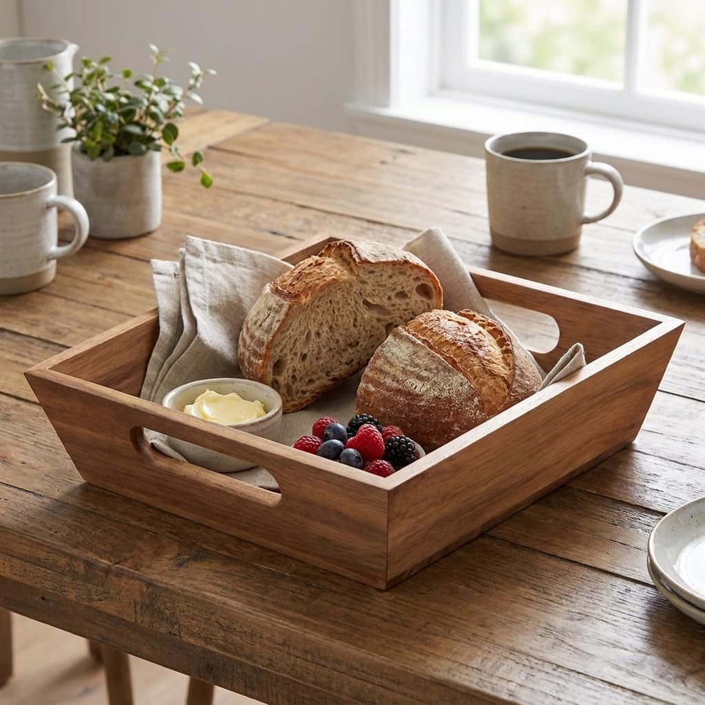 Akasya Ekmek Sepeti 20 x 20 cm, Kulplu Ahşap Ekmeklik, Kare Kahvaltı ve Sunum Sepeti, Poğaça, Kruvasan, Sandviç, Meyve ve Atıştırmalık Servis Kutusu