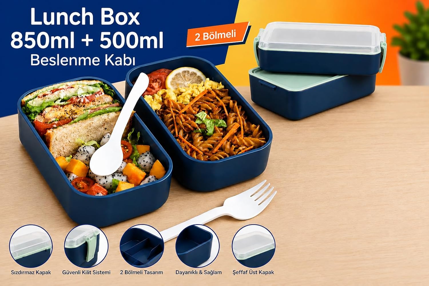 DORDOİ ASTRALLİFE 2 Katlı Beslenme Kabı 850 ml + 500 ml Bölmeli Lunch Box Çatal Kaşık Seti Mavi Renk