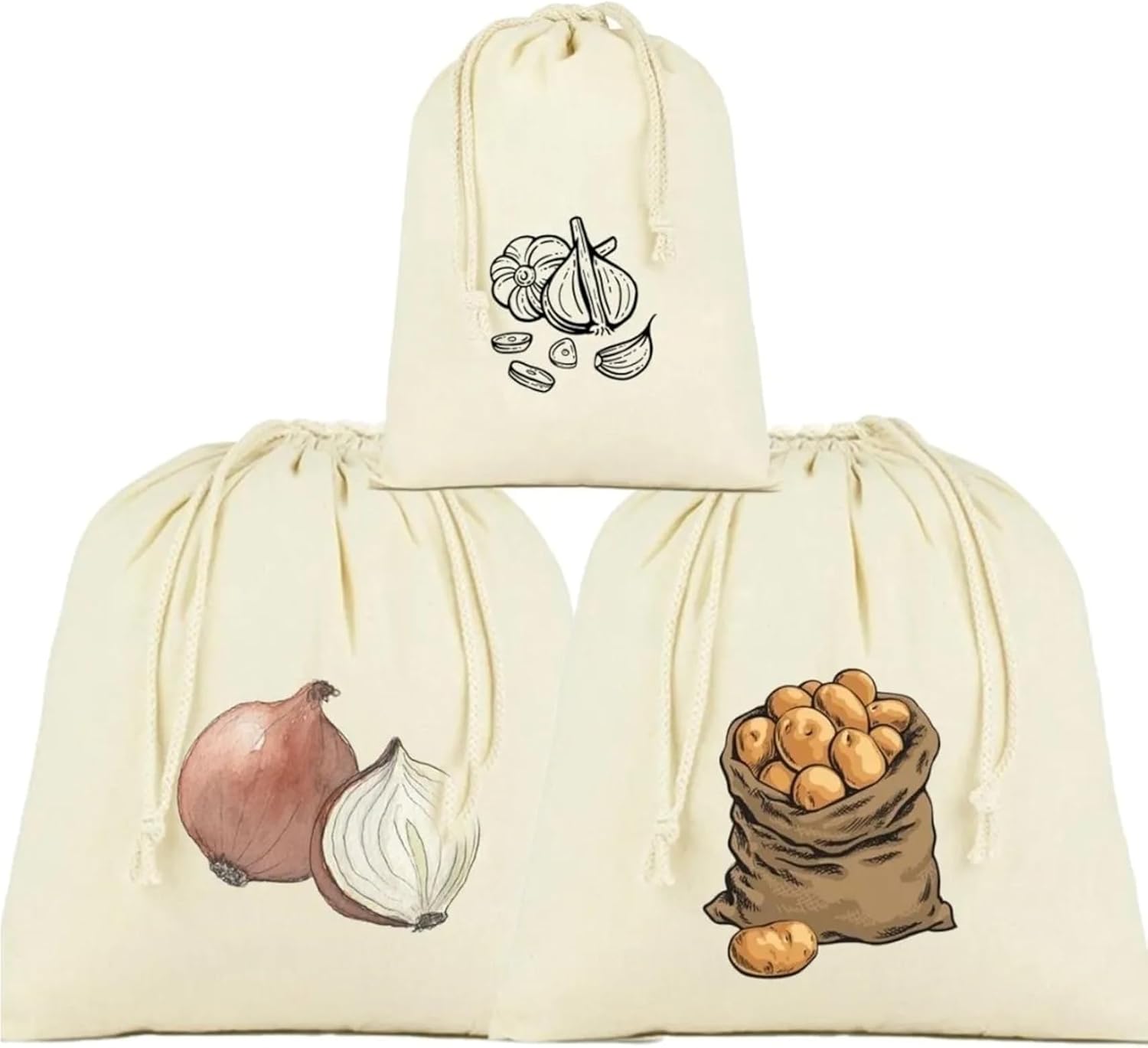 Patates, Soğan ve Sarmısak Saklama Torbası, 3'lü Set, Ham Bez Kumaş, Çekme İpli