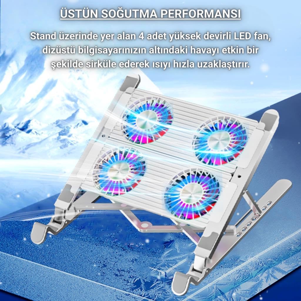 Led Işıklı Yükseklik Ayarlı Katlanabilir 4 Fanlı Notebook Laptop Soğutucu Turbo Fan Laptop Standı