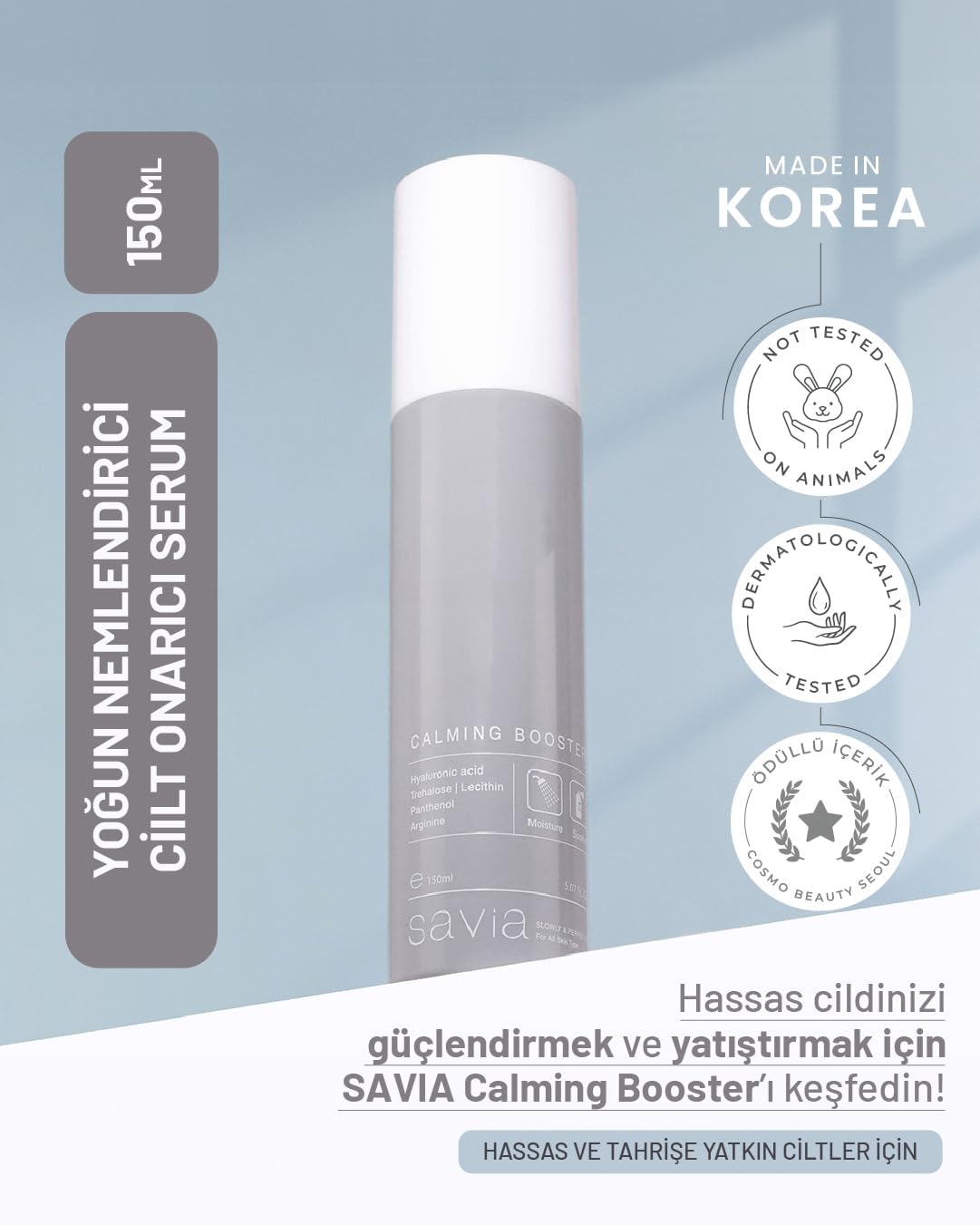 Savia Calming Booster – Cilt Bariyerini Güçlendiren Yatıştırıcı Serum, Panthenol, Hyaluronik Asit ve Peptit İçerikli, Leke ve Kızarıklık Karşıtı Kore Cilt Bakım Serumu - 150 ml