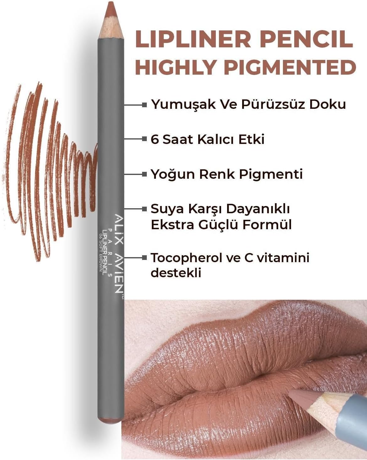 Uzun Süre Kalıcı Dağılma Yapmayan Nemlendirici Dudak Kalemi - Lipliner Pencil 06 Soft Brown