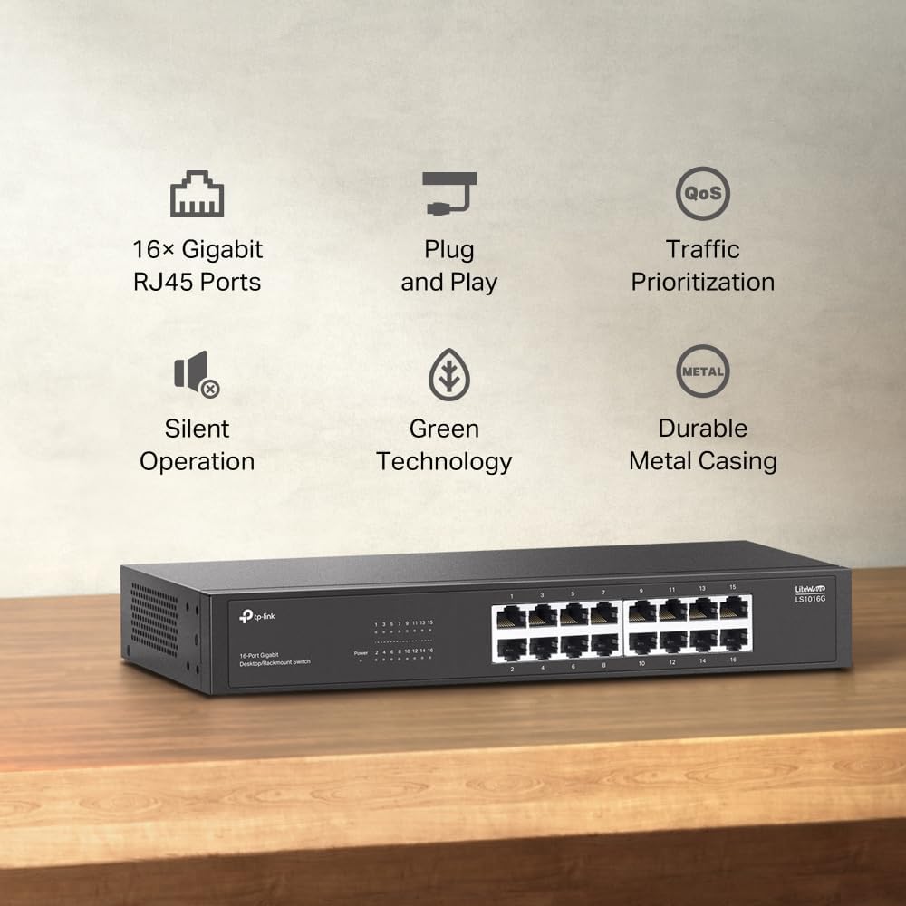 LS1016G; 16-Port Gigabit Portlu, Metal Kasalı, QoS Özellikli, Kurulum Gerektirmeyen Tak ve Çalıştır Özellikli Switch
