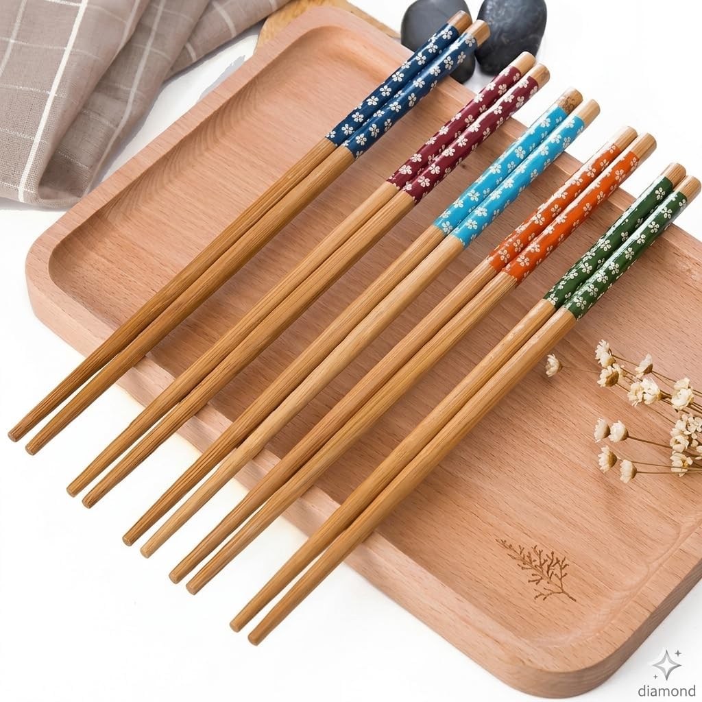 5 Çift Doğal Bambu Chopstick Seti | Çiçek Desenli Uzak Doğu Yemek Çubuğu | Sushi, Noodle ve Ramen İçin Yeniden Kullanılabilir Ekolojik Çubuklar