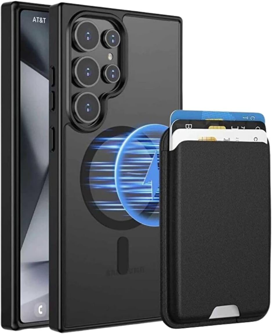 Samsung Galaxy S24 Ultra Uyumlu M-Safe Kablosuz Şarj Destekli Mat Kılıf + MagSafe Kartlıklı Cüzdan - Tam Koruma Seti (Siyah, Samsung Galaxy S24 Ultra)