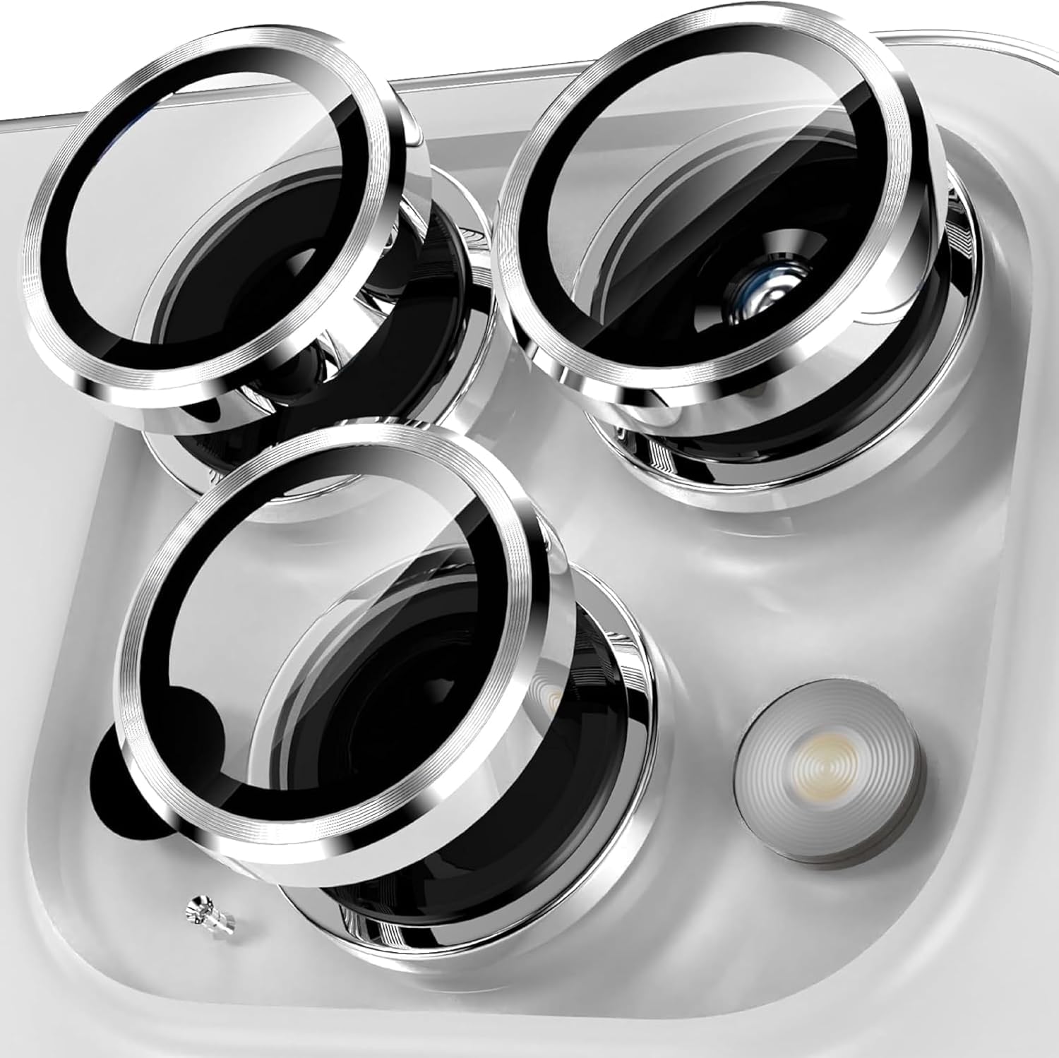 iPhone 15 Pro Max İle Uyumlu Kamera Lens Koruyucu Alüminyum Alaşım Çerçeveli Telefon Lensi Temperli Cam Koruma (Gümüş)