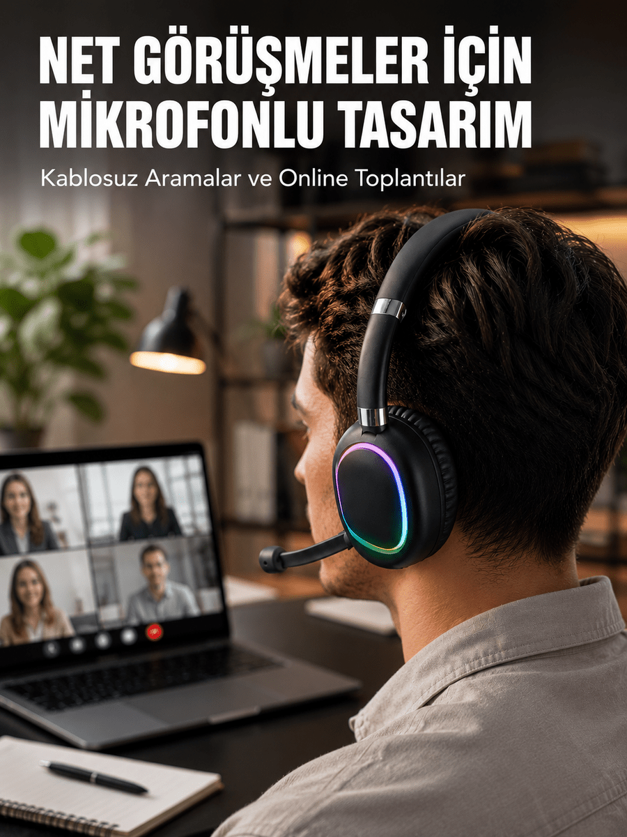 Kablosuz Bluetooth 5.0 Kulaklık RGB Işıklı Tasarım