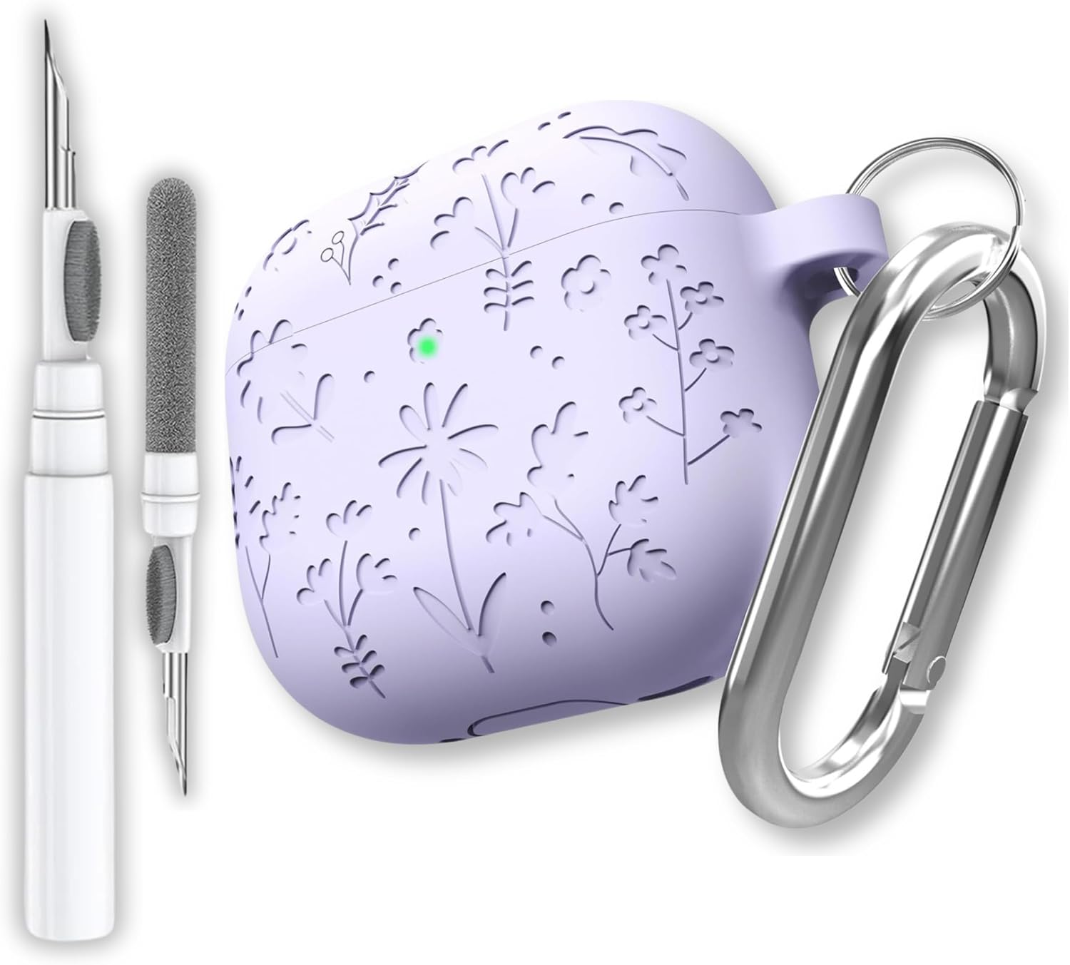 AirPods 4. Nesil ve AirPods 5. Nesil Uyumlu Çiçek İşlemeli Premium Silikon Kulaklık Kılıfı ve 3'ü 1 Arada Bluetooth Kulaklık Temizleme Kalemi Seti (Lila)