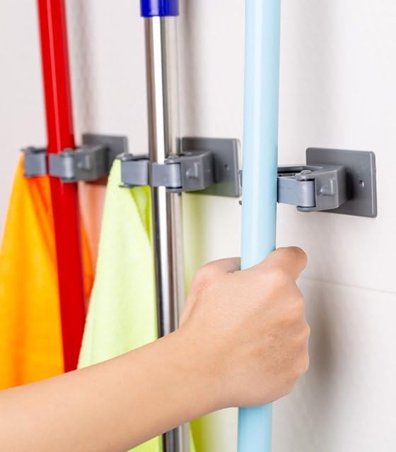 Çok Amaçlı Paspas, Süpürge, Fırça ve Mop Askısı, Duvar Montajlı Sap Tutucu, Mutfak ve Banyo İçin, Gri & Beyaz, 3'lü Set