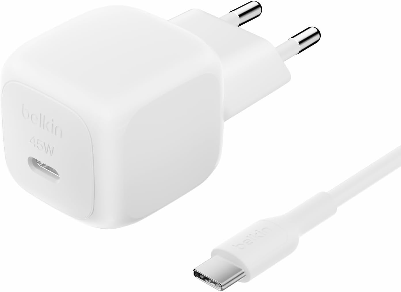 Kompakt Duvar Şarj Cihazı 45 W + USB-C - USB-C Kablosu, Apple iPhone 17, 16, 15, 14, Plus, Pro, Pro Max, Samsung Galaxy S25 Serisi, S24, Pixel 9, iPad, AirPods ve Fazlası için Hızlı Şarj, Beyaz