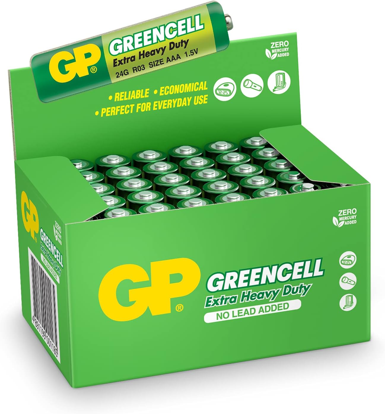 Batteries GP24G Greencell R03/1212/AAA İnce Pil, 1.5 Volt, 40'lı Kutu, Yeşil/Sarı/Beyaz