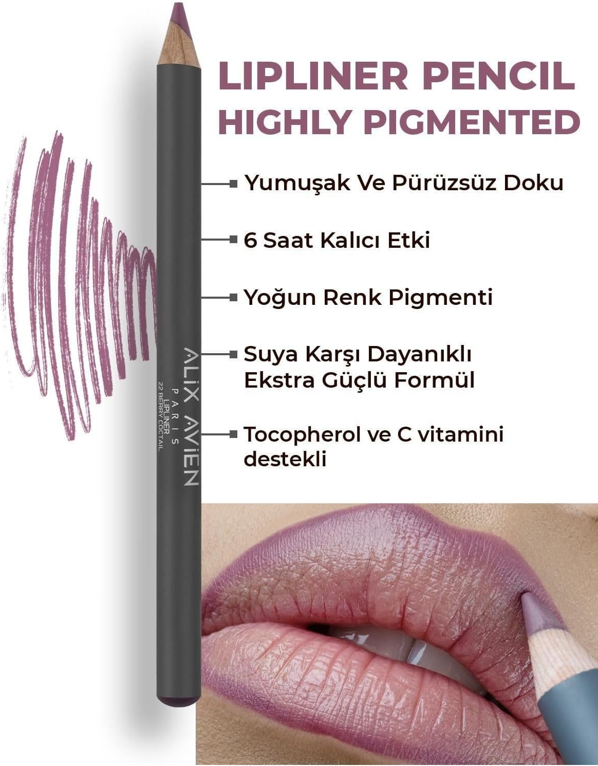 Uzun Süre Kalıcı Dağılma Yapmayan Nemlendirici Dudak Kalemi - Lipliner Pencil 22 Berry Coctail