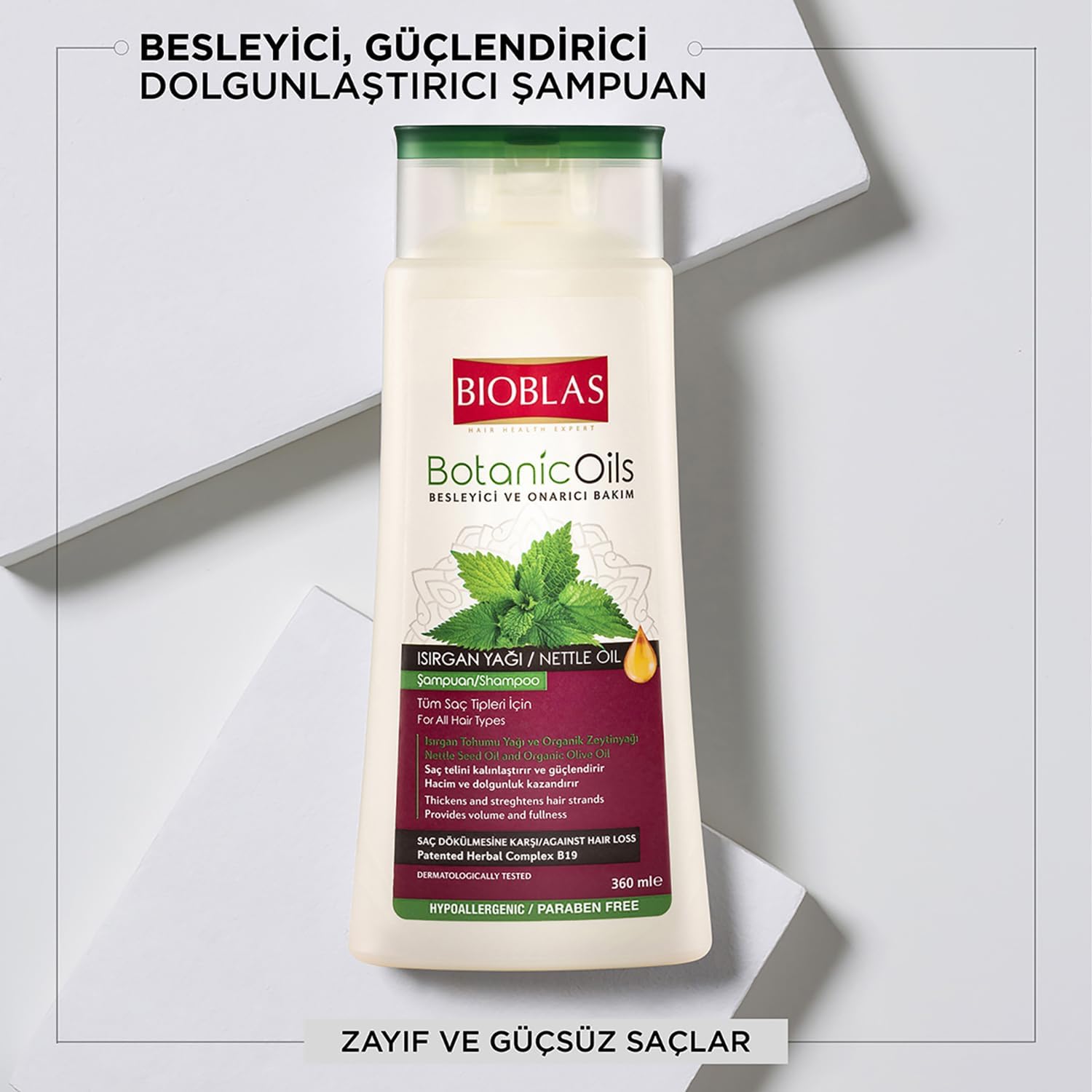 Saç Dökülmesine Karşı Bitkisel Şampuan – Isırgan Tohumu Yağı & Zeytinyağı İçerikli, Dolgunlaştırıcı Etki, Kompleks B19, 360 ml