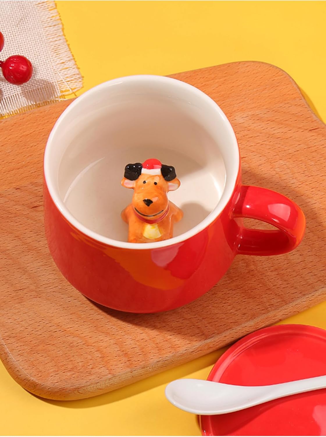 Mukko Home 3D Yavru Geyik Biblolu Kırmızı Porselen Kupa - 350Ml | Şık Ve Eğlenceli Tasarım,Kırmızı