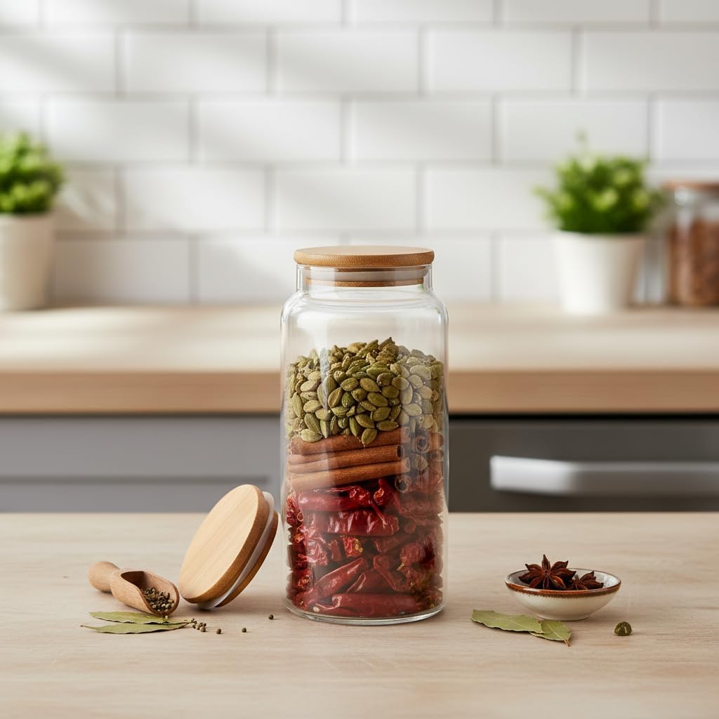 1 Adet Bambu Kapaklı Borosilikat Cam Kavanoz - Vakumlu Sızdırmaz Silikon Contalı Yuvarlak Şeffaf Erzak Kabı Baharatlık ve Mutfak Düzenleyici (Boy Seçenekli) (1100ML)