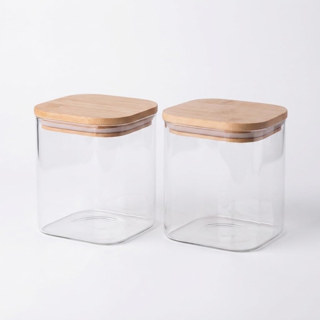 2 ADET 600 ml Sızdırmaz Vakumlu Bambu Kapaklı Borosilikat Cam Kavanoz, Hava Geçirmez Contalı Kare Kuru Gıda Saklama Kabı, 10 × 10 cm