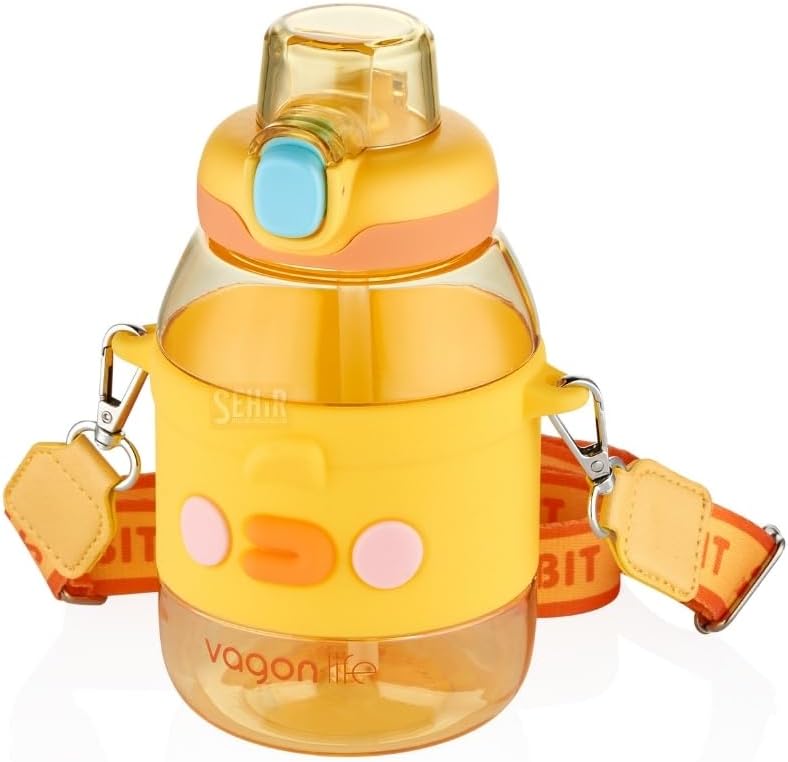 Vagonlife 600ml Sevimli Hayvanlar Silikon Pipetli Kılıflı ve Askılı Polikarbon Çocuk Su Matarası (Sarı Civciv)