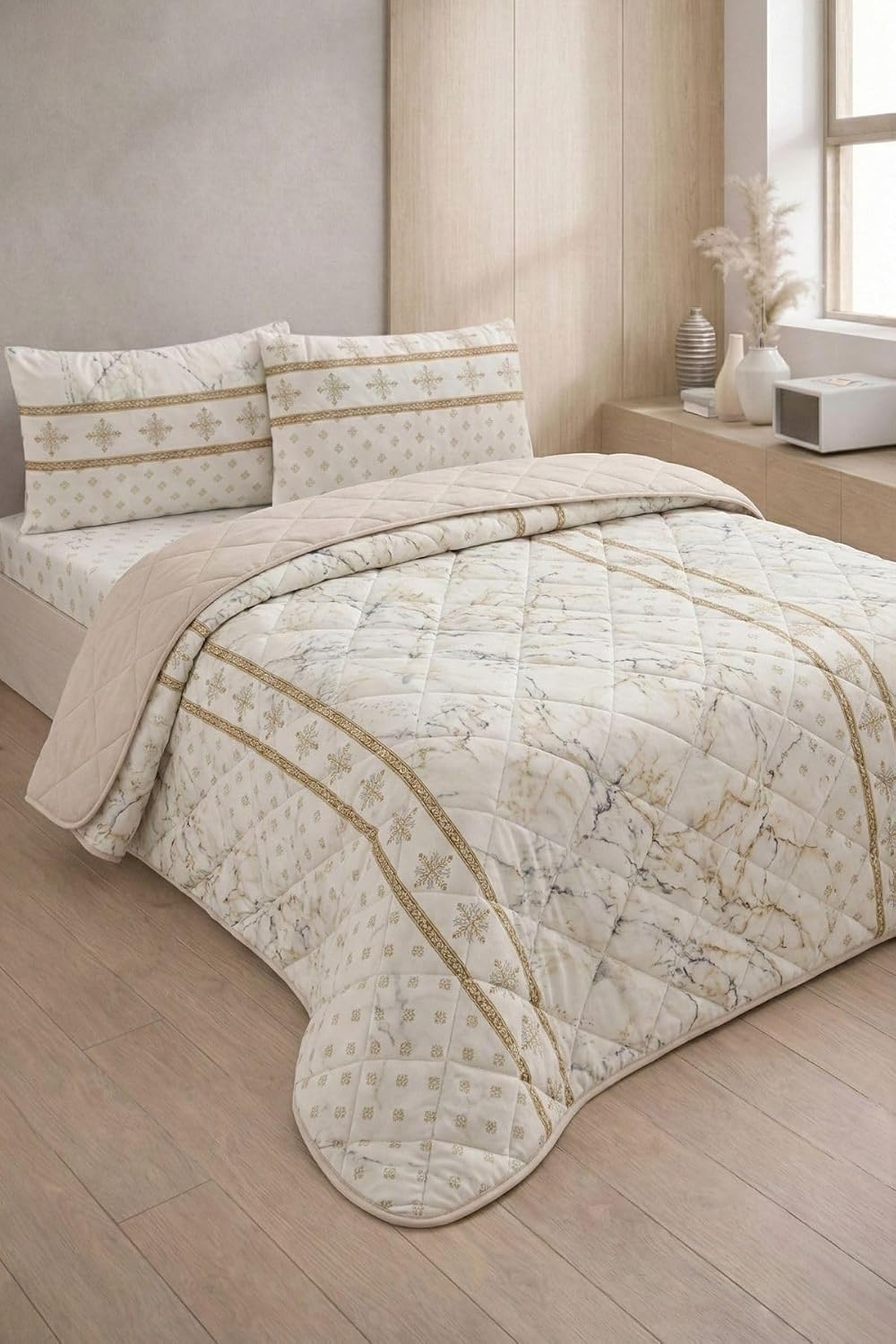 Kapitoneli Tek Kişilik Desenli Pike - Yatak Örtüsü Takımı 160x230 cm - 1 Adet Yastık Kılıflı (Bej)