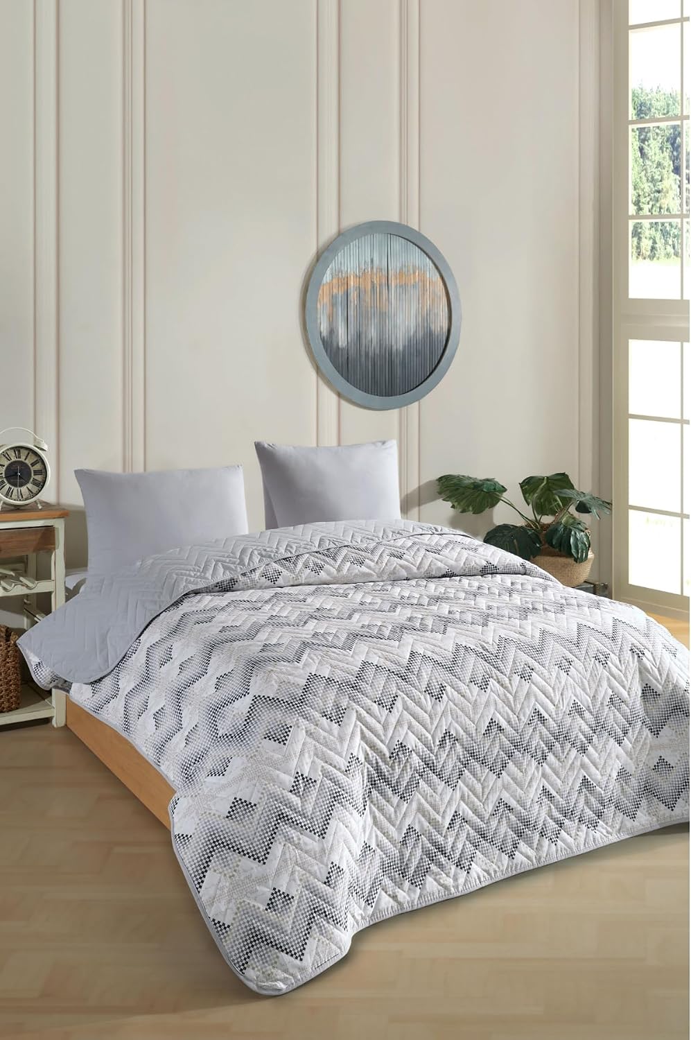 Çift Kişilik Desenli Kapitone Çift Taraflı Renkli Pike Yatak Örtüsü Takımı 200x230 cm (Çarşafsız) (Gri)