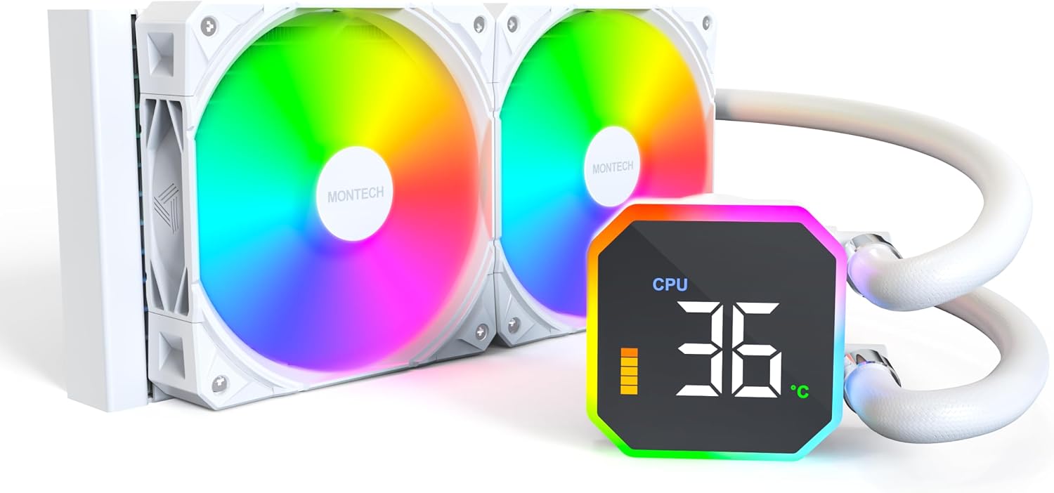 HyperFlow Dijital 240 CPU Sıvı Soğutucu, 3100 RPM Pompalı 240 mm AIO, 2×120 mm E28 ARGB Fanlar, Gerçek Zamanlı Dijital Ekran, Intel ve AMD Desteği (Beyaz)