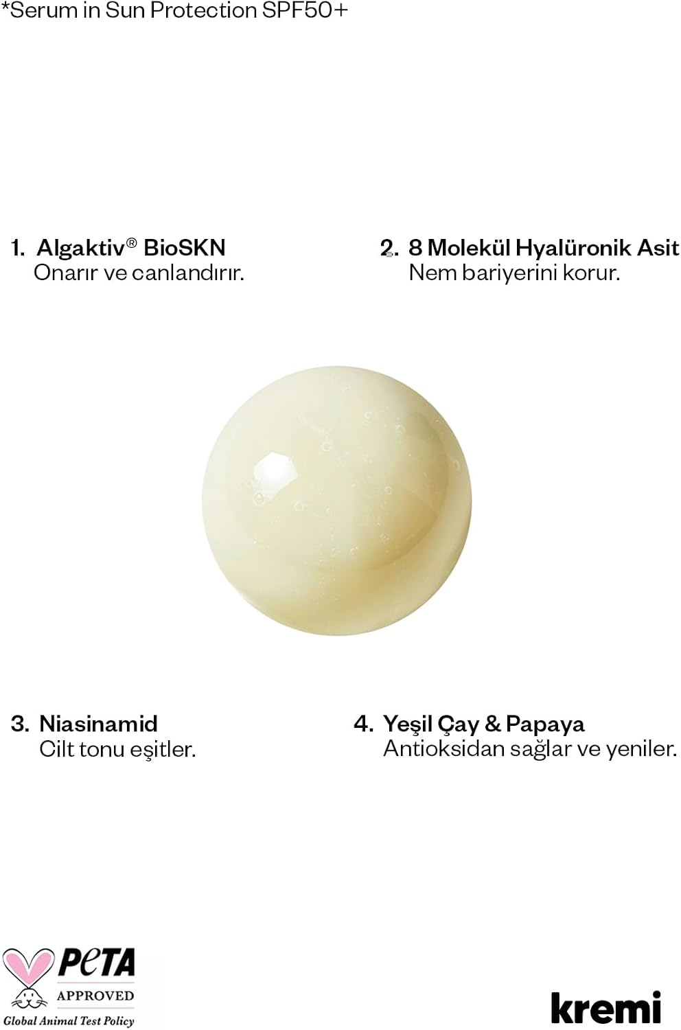 SERUM IN SUN PROTECTION SPF50+ · Yüz Güneş 50 ml · Aydınlatıcı, Cilt Tonu Eşitleyici, Leke Karşıtı · 8D Hyaluronik Asit, Niasinamid
