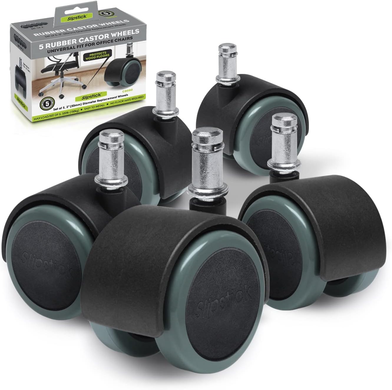 CB680 5,1 cm zemin koruma lastik büro sandalyesi Caster Wheels (set 5) standart Stem size – Siyah/Gri