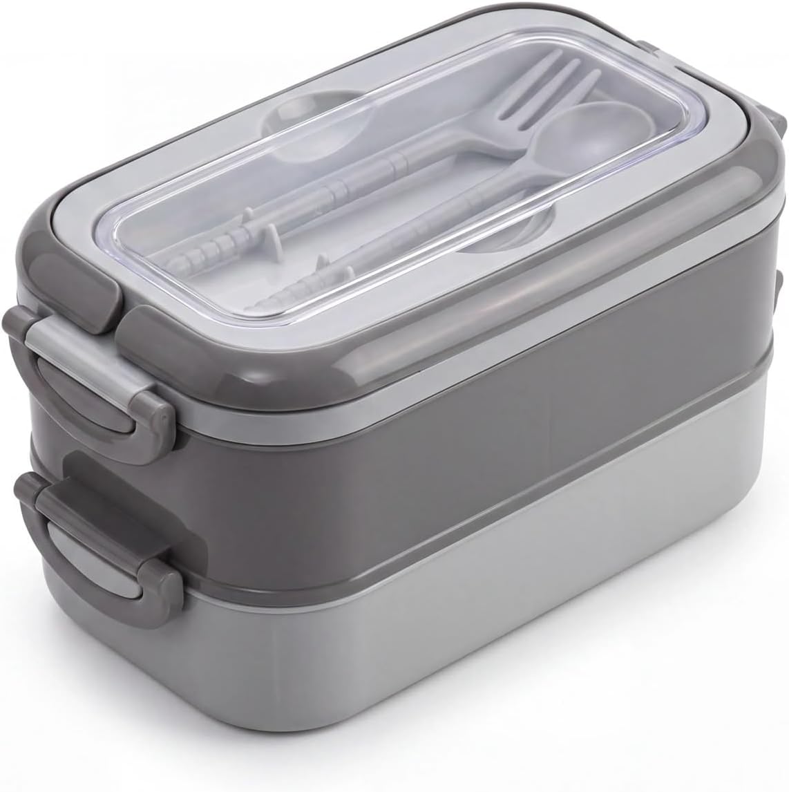 ® 2 Katlı Yemek Taşıma Kabı - Kaşık Çatal Setli Katı Gıda İçin Çift Katlı Bento Beslenme Kutusu, Ofis Okul Piknik Kilitli Saklama Kabı (Gri)