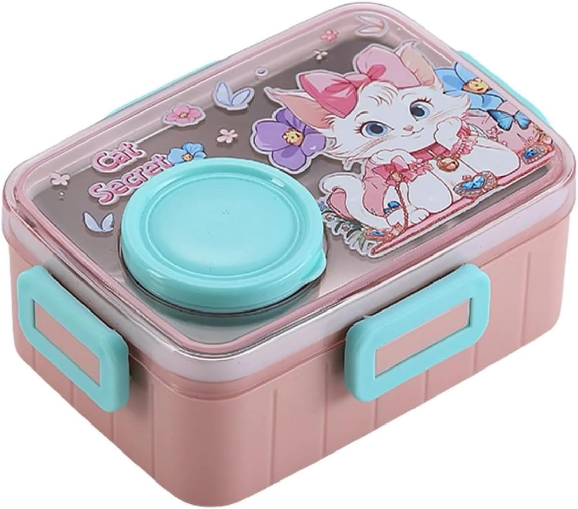 Bento 600ml Yeni Lunchbox Serisi Sevimli Desenli Tek Katlı Bölmesiz Mini Sosluklu Sızdırmaz Paslanmaz Çelik Sefer Tası Çocuk Okul Yemek Kutusu BPA Yok Özel Kutulu - Pembe
