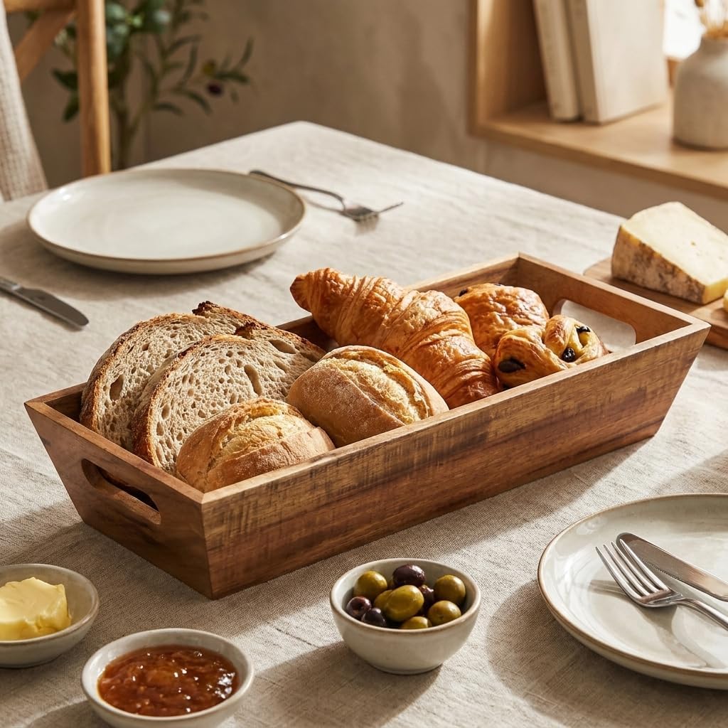 Akasya Ekmek Sepeti 33 x 15 cm - Dikdörtgen Ahşap Ekmeklik, Sunum ve Servis Sepeti, Tezgah ve Kahvaltılık Düzenleyici