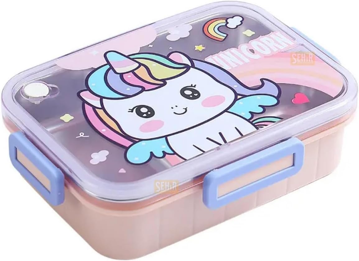 Bento 750ml Lunchbox Sevimli Dostlar Tek Katlı 3 Bölmeli Paslanmaz Çelik Sefer Tası Yemek Kutusu (Pembe Unicorn)