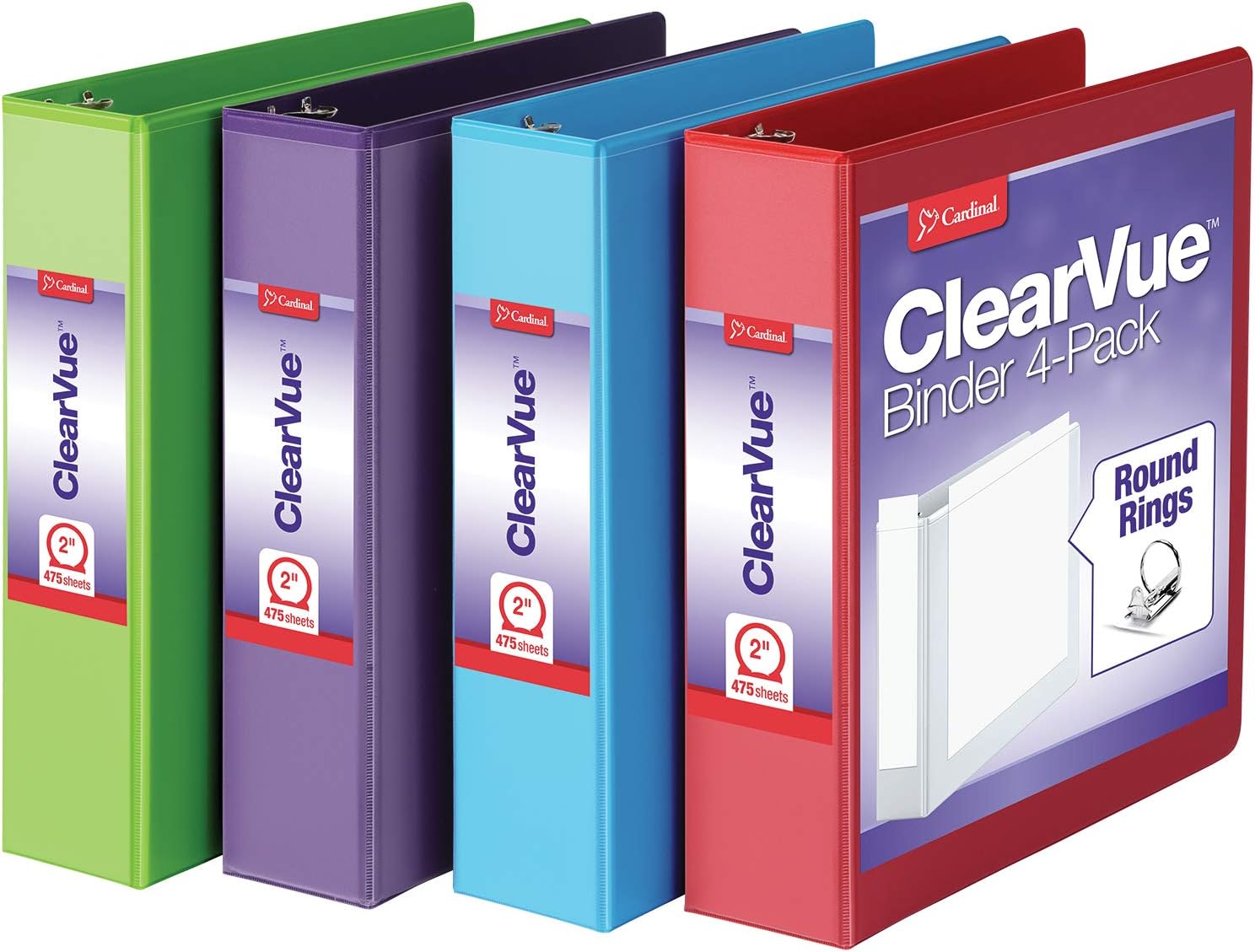 3 Halkalı Klasör, 2 İnç Yuvarlak Halkalı Klasör, 475 Yaprak Tutar, ClearVue Kılıflar, Yapışmaz, PVC İçermez, Çeşitli Renkler, 4'lü Paket (29311)