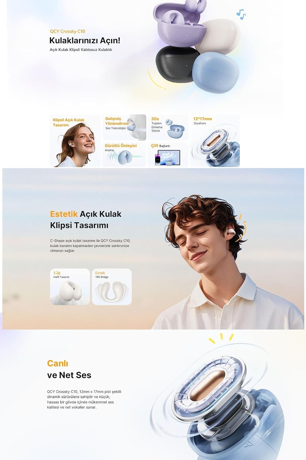 C10 Crossky Bluetooth Küpe Kulaklık Çift Mikrofon Çift Cihaz Bağlantısı Kristal Ses Netlik Ipx4,Mavi