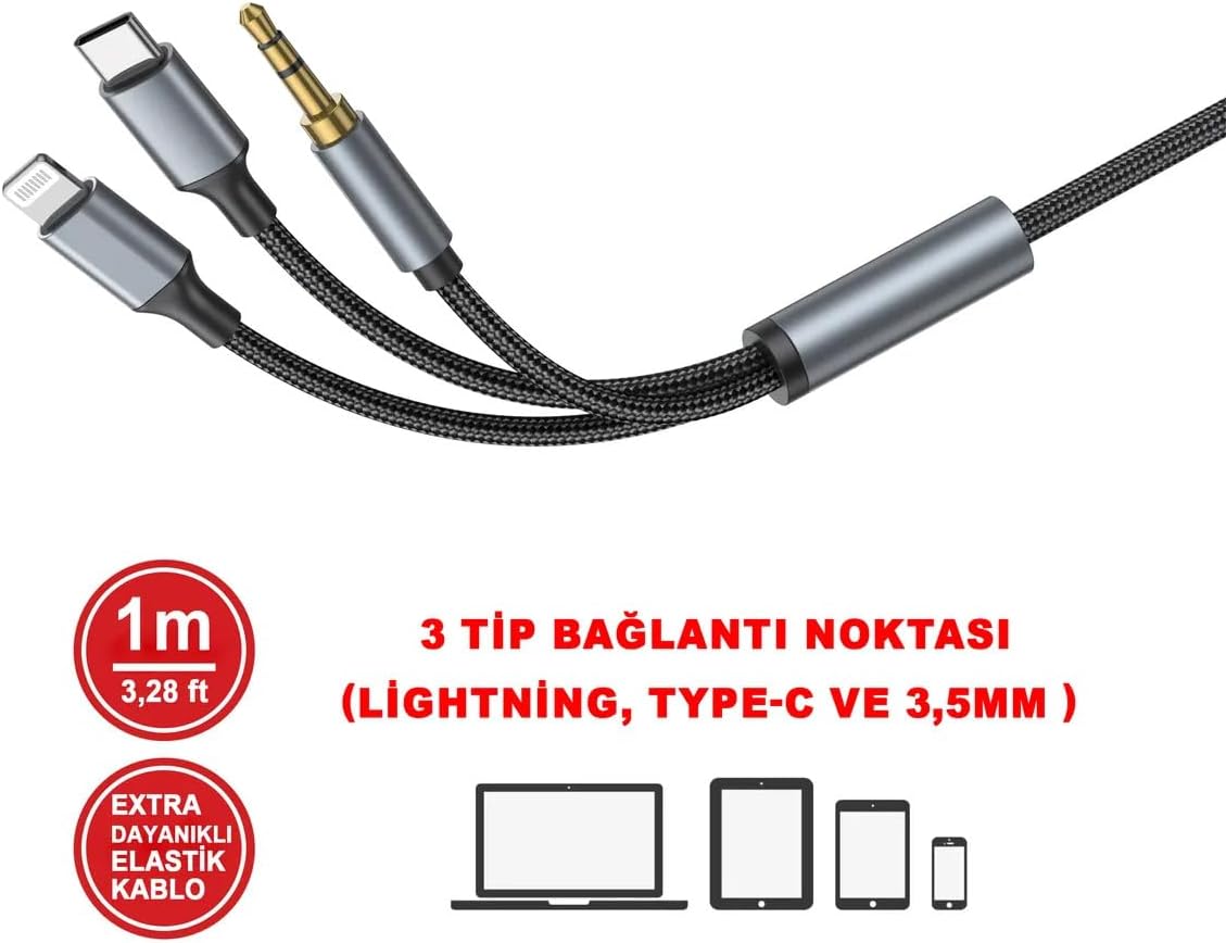 Type-C iPhone Lightning To 3.5mm Aux Kumaş Örgülü Ses Kablosu 3 in 1 Stereo Destekli MT2811 ile uyumlu