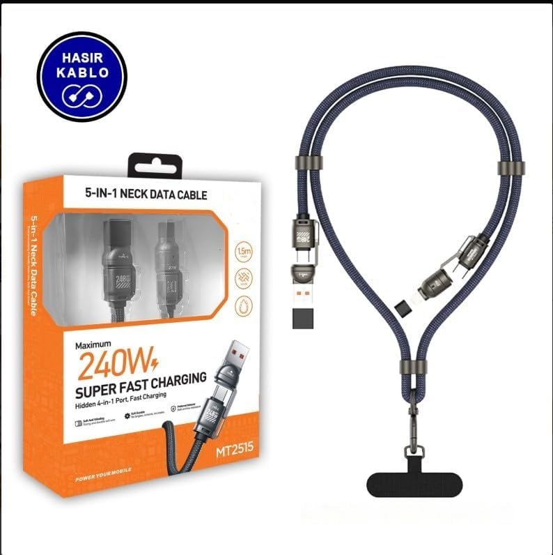 2 in 2 USB-A, Type-C to Type-C, Lighting ile Uyumlu Boyun Askılı Turbo Şarj ve Data Kablosu Lacivert 1.5m MT2515L