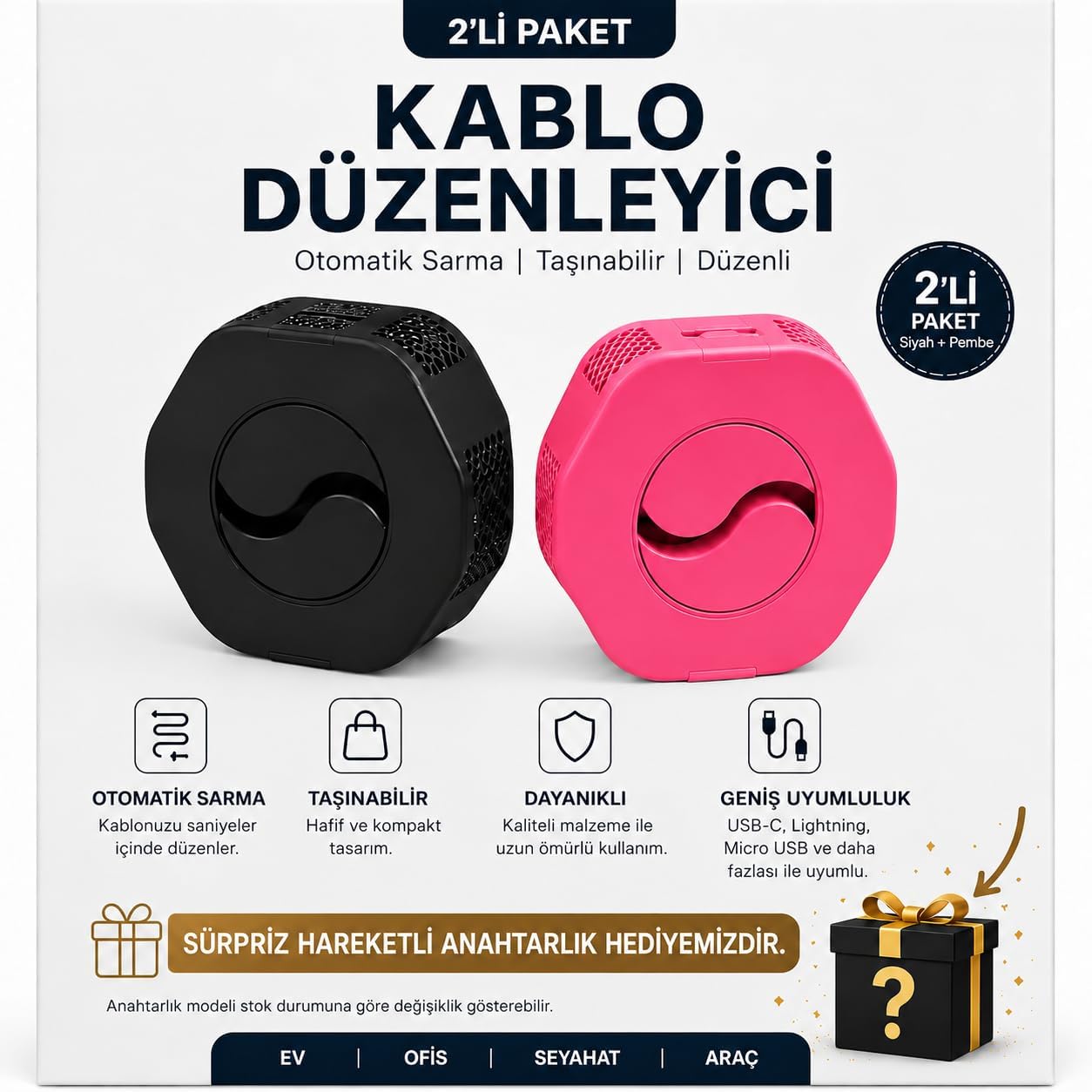 VeltroniX Kablo Düzenleyici ve Otomatik Kablo Sarma Aparatı – USB Şarj Kablosu Toplayıcı, Telefon Kablo Organizer, Taşınabilir Kablo Sarıcı.(siyah-pempe 2'li)