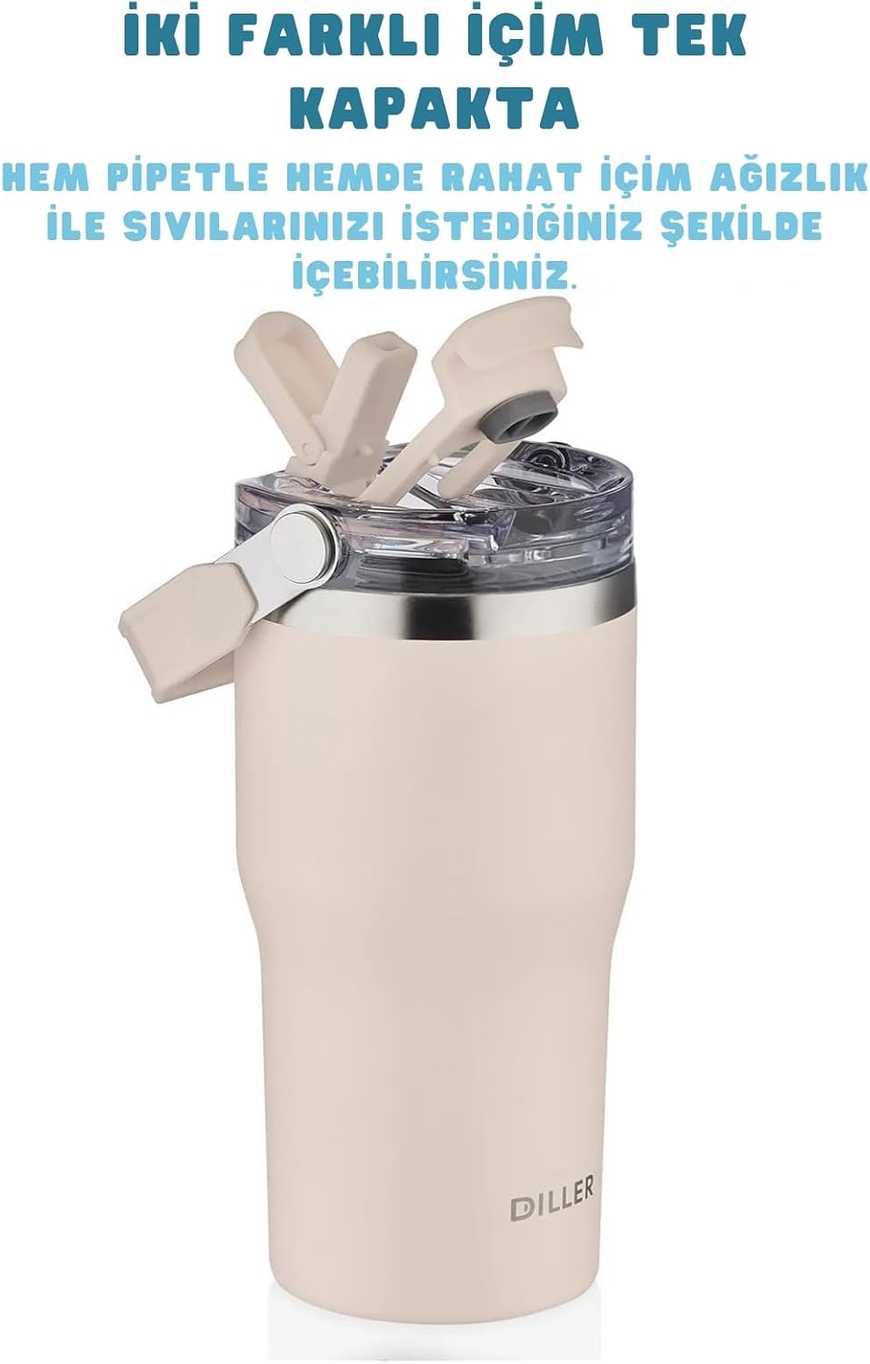620ml Tumbler Pipetli/Pipetsiz Kullanım Kulplu Paslanmaz Çelik Termos (Bej)