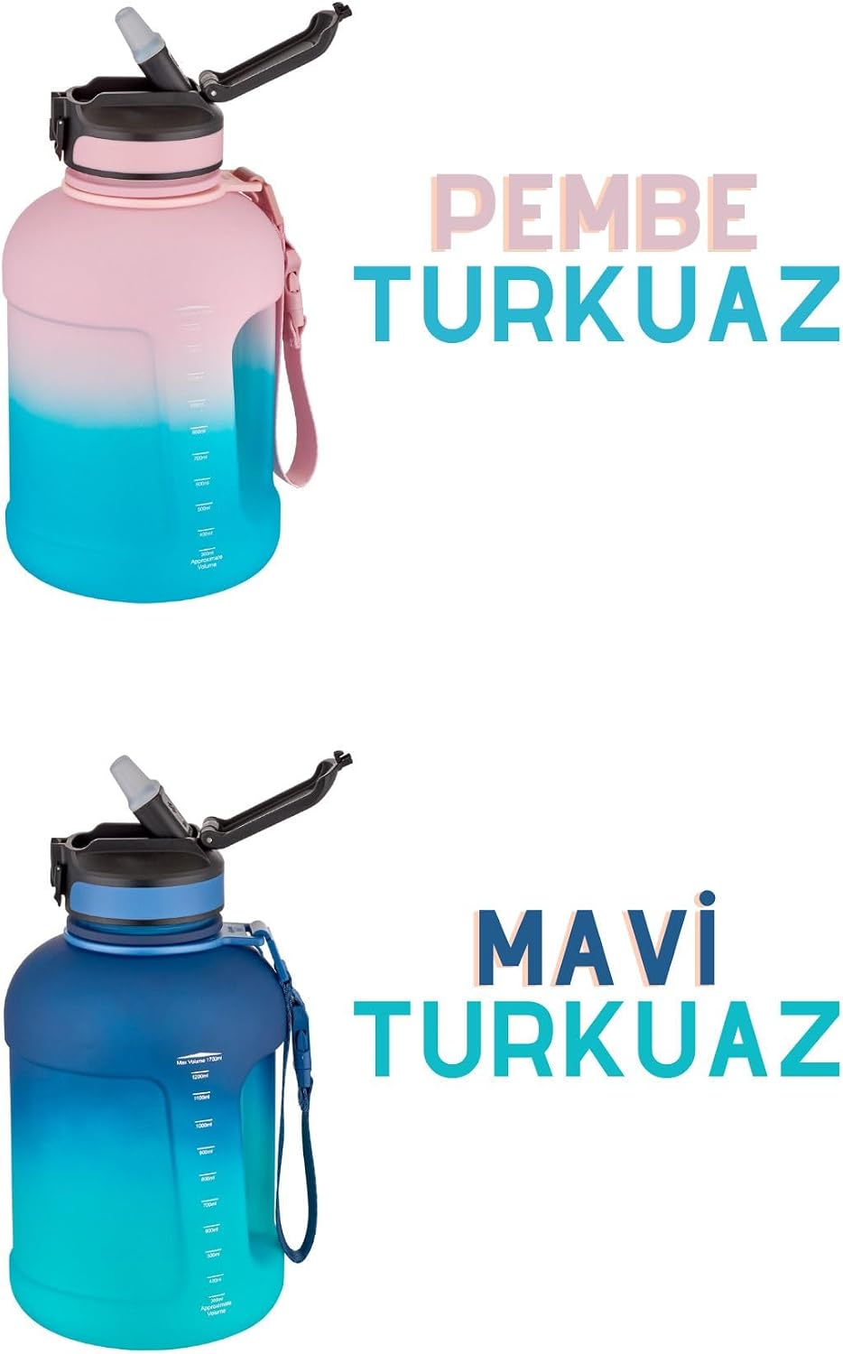 1700ml Çift Renk Pipetli Taşıma Askılı Kulplu Softtouch Motivasyon Su Matarası SM-3067-PEMBETURKUAZ